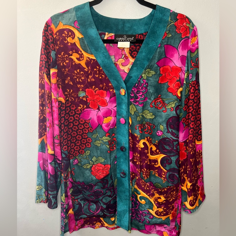Vintage Carol Little Petites Floral Kimono Button-Up Floral Blouse